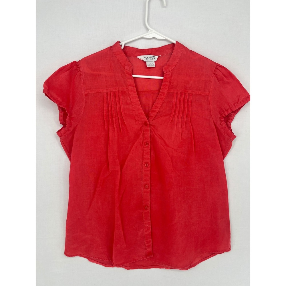 Allison Taylor 100% Linen Blouse Coral Red Pleated V-Neck Cap Sleeve Top Large